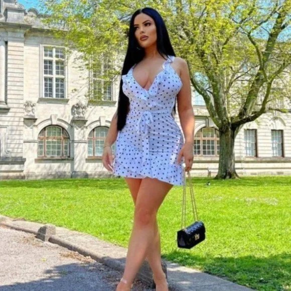 White Polka Dot Sleeveless V-Neck Open Back Backless Mini Dress - Picture 4 of 17